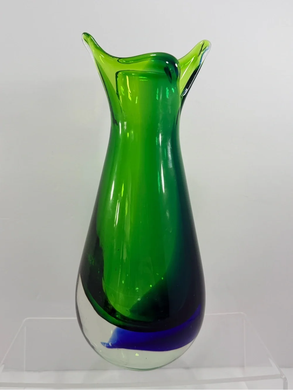 Vtg MCM Murano Style Sommerso Fishtail Vase - Emerald & Cobalt - 9.5